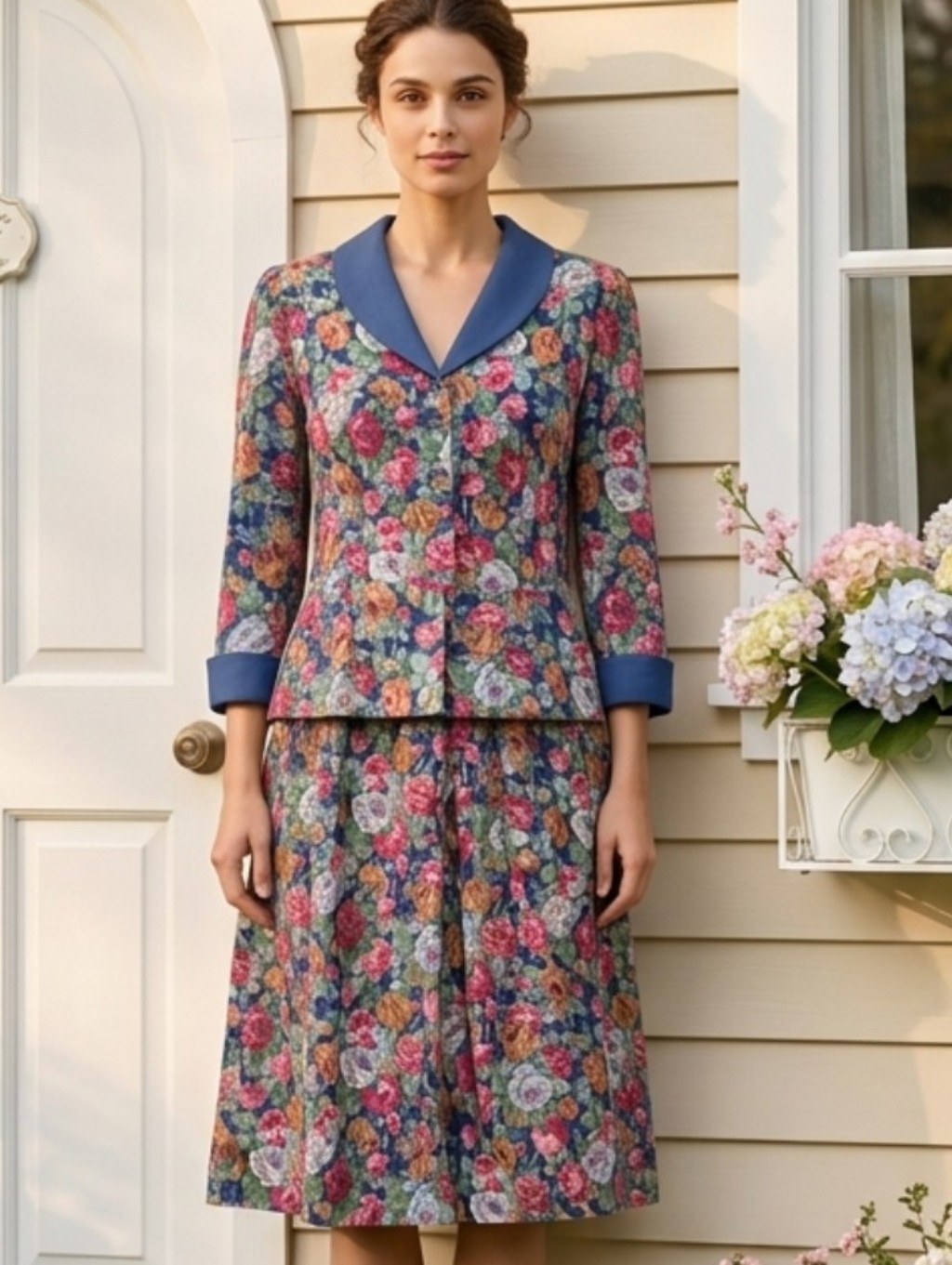Lanz Floral-Lined Vintage Dress - Blue With Multicolor Floral Lining